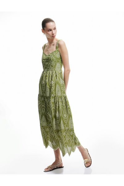 Sleeveless Cotton Flounced Sweetheart Neckline Gipeli Ethnic Long Dress