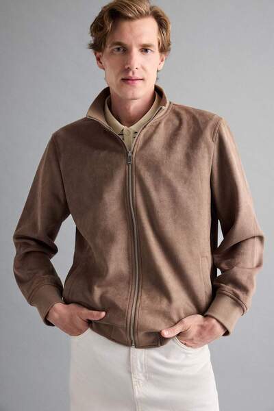 Ultra Soft Slim Fit Stand Collar Lined Suede Seasonal Coat with Zipper Pockets D1524Ax25Au