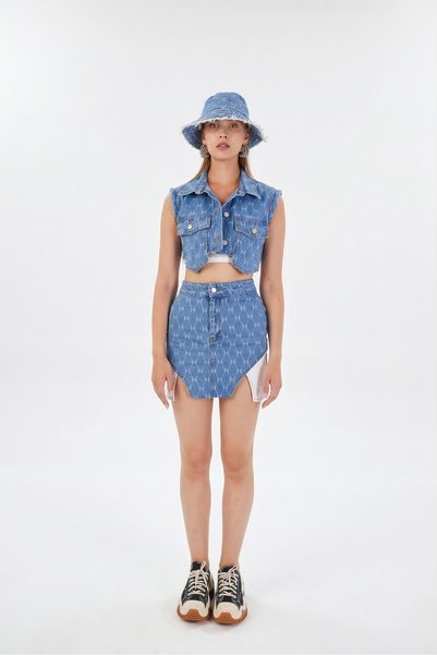 Mini Jean Vest with H Printed Pockets Blue