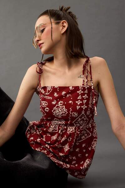 Linen Blend Flare Fit Shawl Patterned Poplin Sleeveless Blouse F9936Ax25Sm