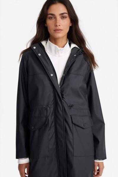 Warm Water Repellent Hooded Faux Leather Raincoat E8575Ax25Wn