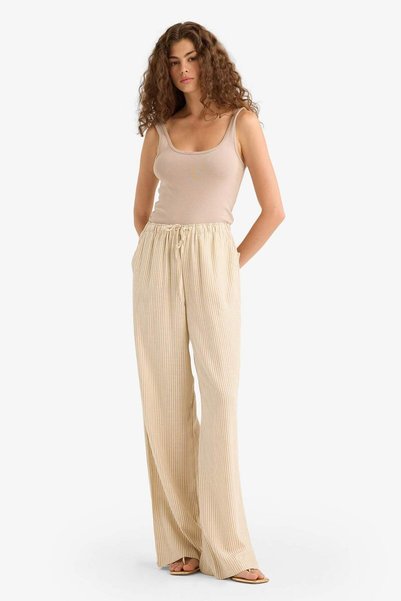 Wide Leg Double Pocket Elastic Waist Standard Length Linen Blend Trousers E1994Ax25Sm