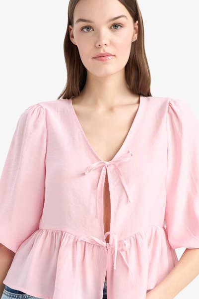 Regular Fit V Neck Modal Front Tie-Up Long Sleeve Blouse D4435Ax25Sp