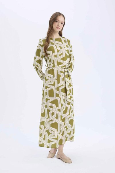Regular Fit Crew Neck Patterned Belted Long Sleeve Maxi Dress D9835Ax25Sm