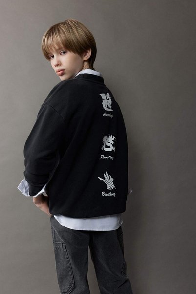 Oversize Wide Fit Crew Neck Back Printed Washed Faded Effect Sweatshirt for Boys D8494A