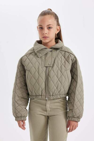 Waterproof Stand Collar Snap Fastener Quilted Elastic Waist Inflatable Coat with Pockets Girls C5766A824Au