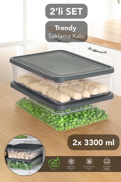 2 Pieces Rectangular Food Storage Container - Microwave Safe Organizer 3300ml Gray