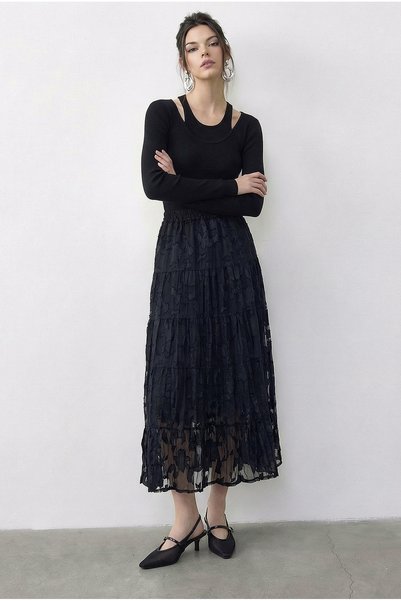 Women's Black Elastic Waist Self-Patterned Lined Midi Skirt 355 60286035