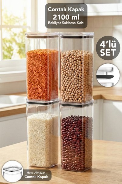4-Piece Pure Square Storage Container - Transparent Mica Airtight Food, Flour, and Legume Container with Sealed Lid 2100ml