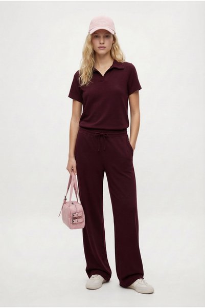 Women's Nadia Modal Touch Polo Neck Waist Elastic Pocketed Claret Red Bottom Top Set