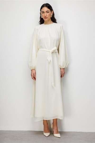 Balloon Sleeve Belted Ecru Maxi Chiffon Dress