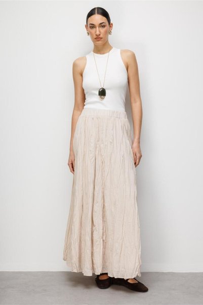 Wrinkled Look Pure Cotton Beige Color Maxi Skirt