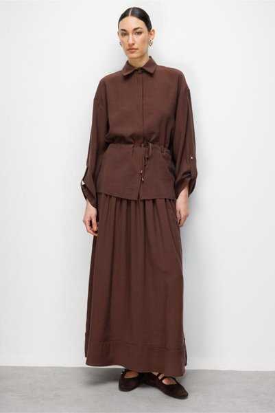 Mizallle Brown Waist Ruched Viscose Tunic
