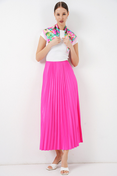 8009 Leather-Look Pleated Skirt - Fuchsia