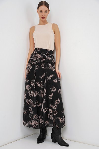 Women's Patterned Chiffon Skirt 8057 - Black