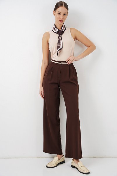 Women's Wide Leg Fabric Trousers 30088 - Brown