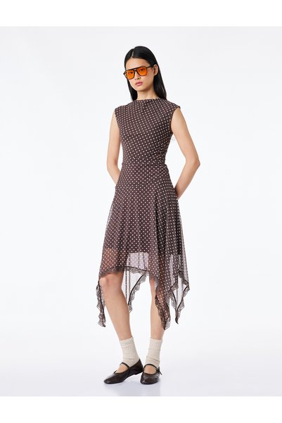 Sleeveless Crew Neck Ruched Asymmetrical Midi Polka Dot Piece Tulle Dress