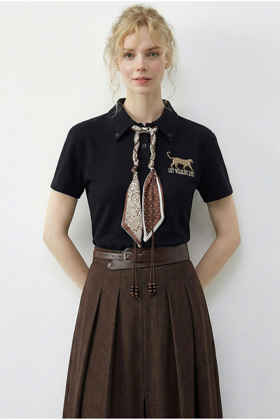 Women's Black Tiger Embroidery Scarf Detailed Polo Collar T-Shirt 3501 60283973