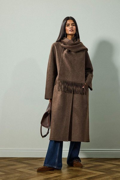 Warm Wool Blend Detachable Scarf Relax Fit Long Cashmere Coat F5550Ax25Wn