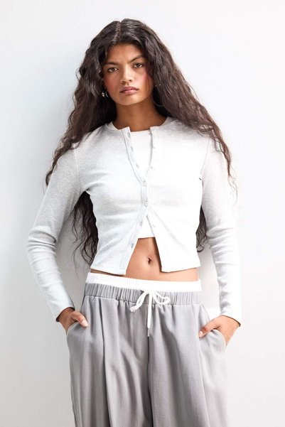 Fitted Crew Neck Corded Fabric Ribbed Knit Cardigan F9348Ax25Au