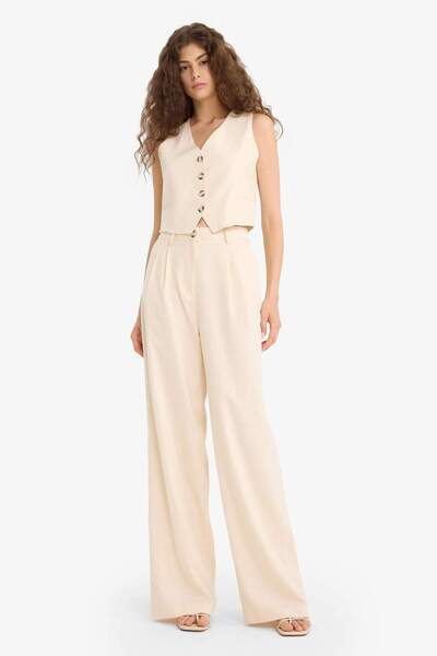 Wide Leg Double Pocket High Waist Standard Length Linen Blend Pants E1986Ax25Sm
