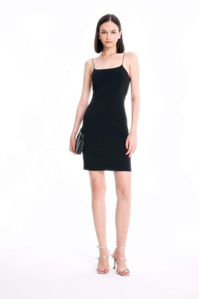Bodycon Square Neck Black Strap Mini Dress D3265Axns
