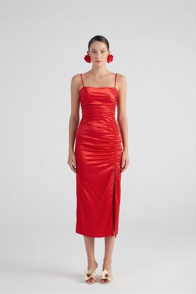Slit Lined Satin Dipsy Dress Red