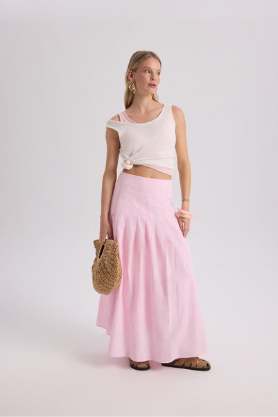 Sera Pile Detail Pink Long Skirt