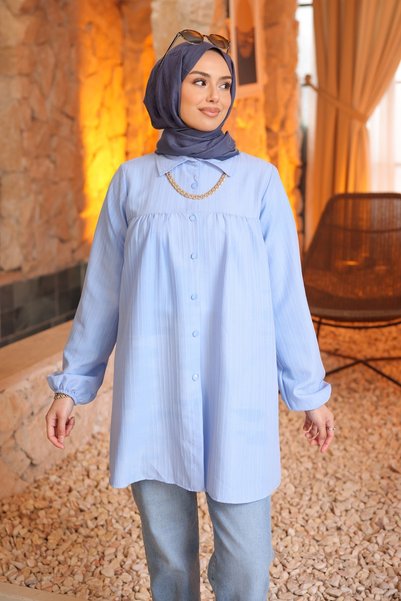 Baby Blue Elastic Sleeves Striped Shirt Tunic