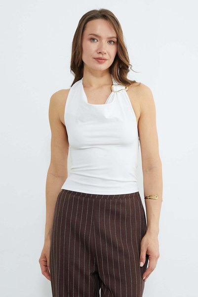 Neck-High Buckle Blouse