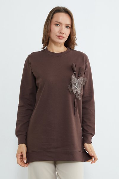 Butterfly Embroidered Stoned Crew Neck Tunic