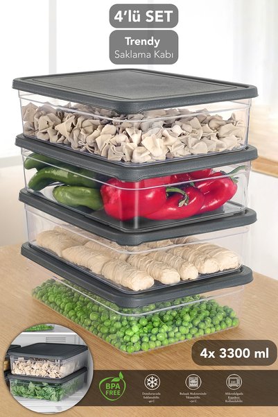 4 Pieces Rectangular Food Storage Container - Microwave Safe Organizer 3300ml Gray