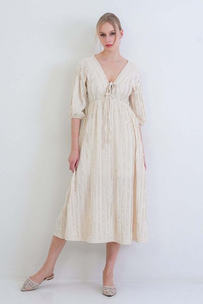 Ecru V-Neck Tie-Detail Ruffle Fabric Maxi Dress Alc-X15413