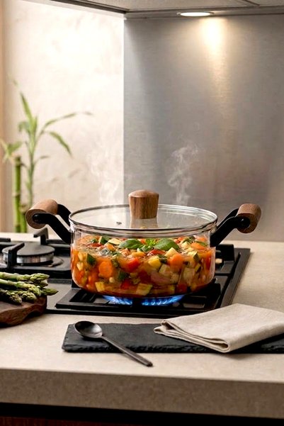 Transparent Borosilicate Glass Pot with Wooden Handle and Lid - Cooking Pot 2.5 Liters