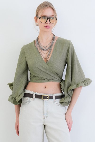 Green V-Neck Tie-Detail Ruffled Sleeves Linen Blouse Alc-X15332