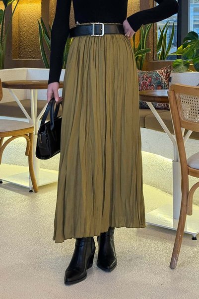 Kraşlı Hijab Skirt Oil Green