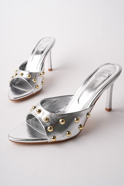 Helena Women's Stiletto Heels with Studded Pointed Toe and Metal Detail Slipper