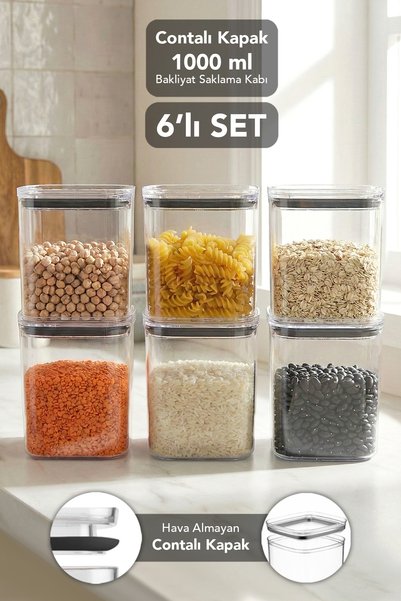 6-Piece Pure Square Storage Container - Transparent Mica Airtight Food, Flour, and Legume Container with Sealed Lid 1000ml