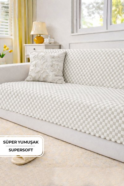 Aron Fur-Trimmed Sofa Cover 170X215 cm Soft Plush Luxury Non-Slip Sole Sofa Cover Cream