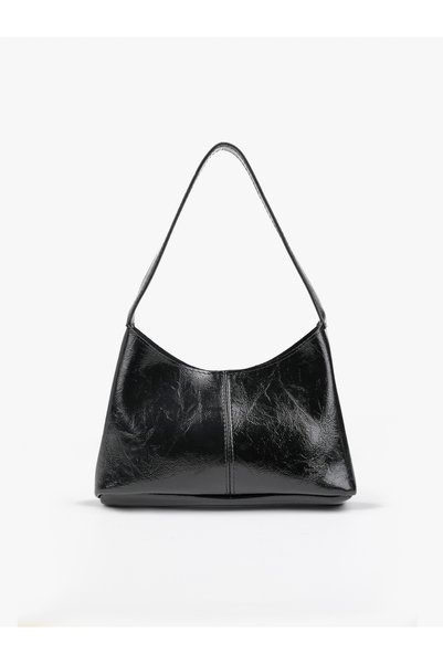 Wrinkled Textured Black Shk281 Faux Leather ,Snap Fastener,Single Compartment,Hand,Arm and Shoulder Bag