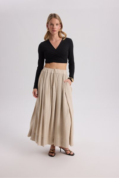 Gabbiano Lace-Up Pleated Beige Linen Skirt