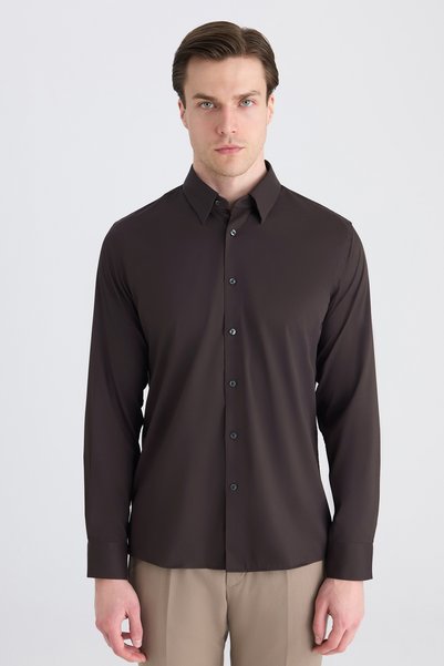Slim Fit Brown Plain Shirt