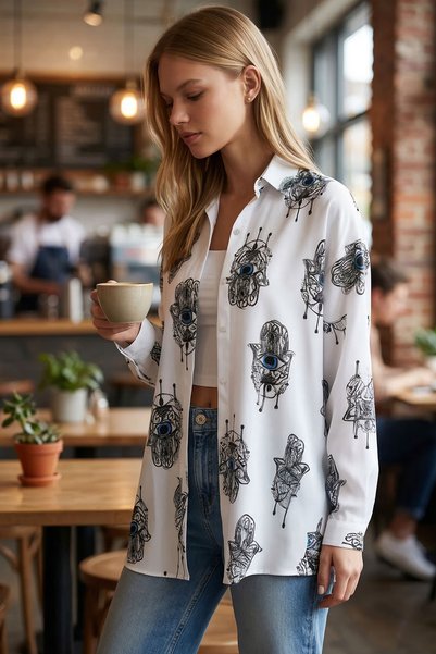 Women's Light Blue Patterned Oversize Long Basic Shirt ARM-22Y001148