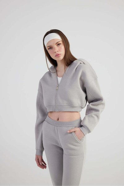 Women's Gray Hooded Long Sleeve Zippered Crop Mixed Sweat