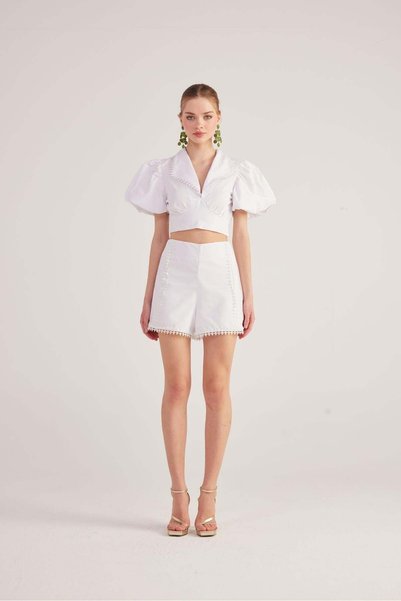 Lined , Embroidered Detailed Poplin Fairy Shorts White