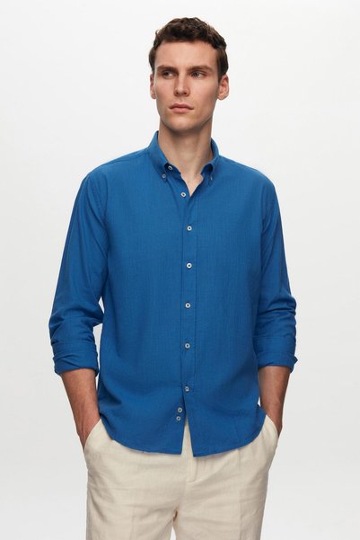 Ds Damat Slim Fit Cobalt Blue Buttoned Collar 100% Cotton Summer Flared Linen Look Shirt