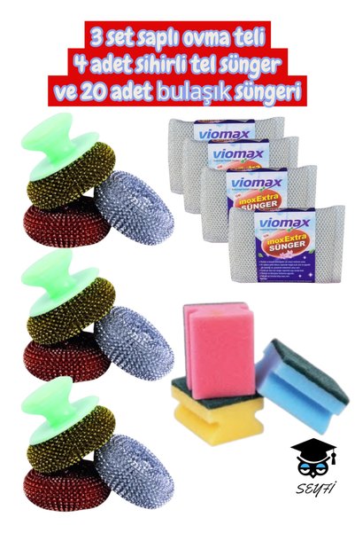 3 sets of Strappy scouring wires, 4 magic wire sponges and 20 dishwashing sponges