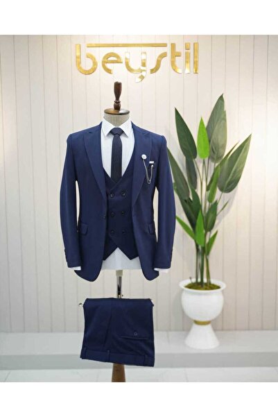 Темносин костум со елек, со шилеста јака, дезен на саќе - slim fit