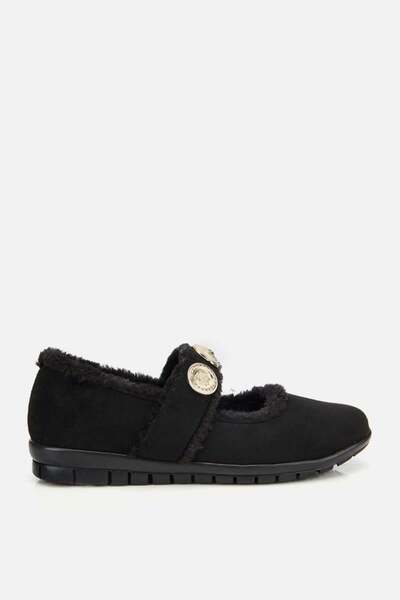 Women's Black Fur Buckle Mary Jane Ballerinas