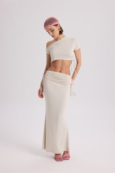 Ivan Gathered Beige Crop Skirt Set